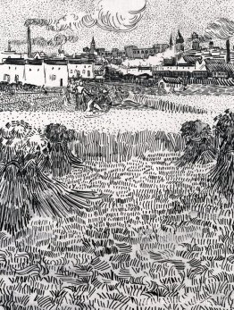Tarweveld met schoven en Arles op de achtergrond Tarweveld met schoven en Arles op de achtergrond