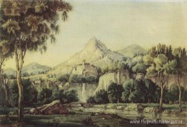 Landschap met waterval en brug Landschap met waterval en brug