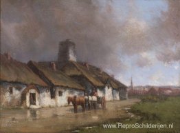 Paard en wagen met huisje onder stormachtige hemel Paard en wagen met huisje onder stormachtige hemel