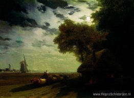 Oekraïens landschap met chumaks in het maanlicht Oekraïens landschap met chumaks in het maanlicht