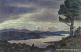 Landschap met meer en boom aan de oever Landschap met meer en boom aan de oever