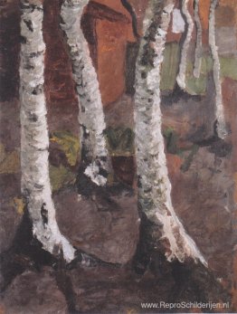 Berkenstammen voor rode boerderij Berkenstammen voor rode boerderij