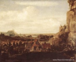Een riviervallei met een groep huizen Een riviervallei met een groep huizen