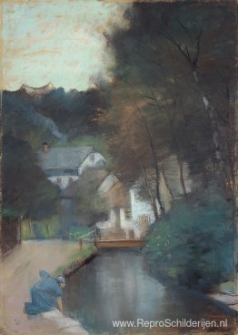 Häuser ben Fluss met een waschende Frau Häuser ben Fluss met een waschende Frau