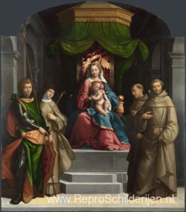 De Madonna en het Kind op de troon met heiligen De Madonna en het Kind op de troon met heiligen