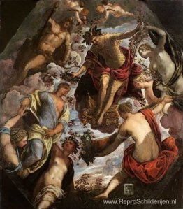 Apollo (mogelijk Hymen) kroont een dichter en geeft hem een ec Apollo (mogelijk Hymen) kroont een dichter en geeft hem een ec