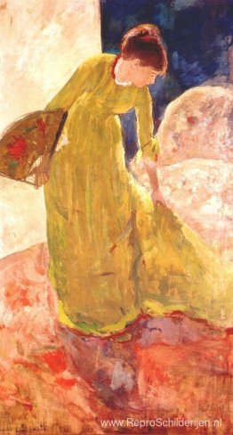 Staande vrouw, met een ventilator in haar hand Staande vrouw, met een ventilator in haar hand