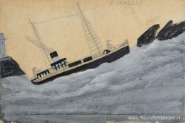 Stoomboot met twee matrozen, vuurtoren en rotsen Stoomboot met twee matrozen, vuurtoren en rotsen