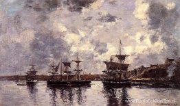 Camaret, drie meesters voor anker in de haven Camaret, drie meesters voor anker in de haven