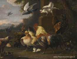 Een adelaar, een haan, kippen, een duif tijdens de vlucht en and Een adelaar, een haan, kippen, een duif tijdens de vlucht en and