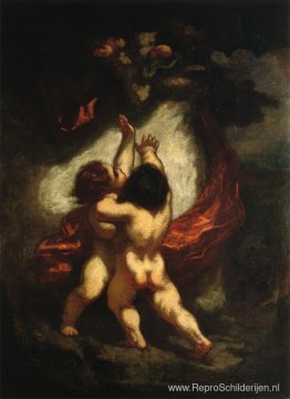 Twee Cupido's met rode gordijnen Twee Cupido's met rode gordijnen