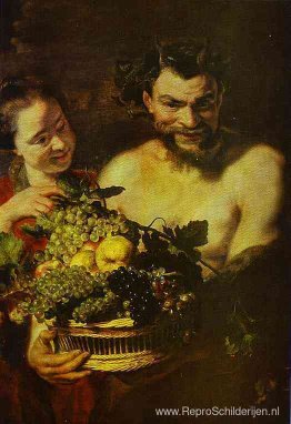 Sater en meisje met een fruitmand Sater en meisje met een fruitmand