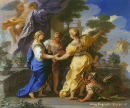 Psyche's zusters geven haar een lamp en een dolk Psyche's zusters geven haar een lamp en een dolk