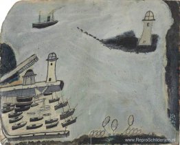 Haven met twee vuurtorens en motorschip, St Ives Bay Haven met twee vuurtorens en motorschip, St Ives Bay