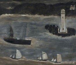 Zeegezicht, schepen die langs de lange schepen varen Zeegezicht, schepen die langs de lange schepen varen