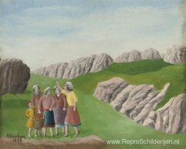 Vijf figuren in een berglandschap Vijf figuren in een berglandschap