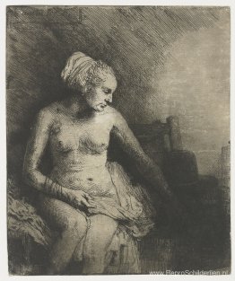 Een vrouw aan het bad met een hoed naast haar Een vrouw aan het bad met een hoed naast haar