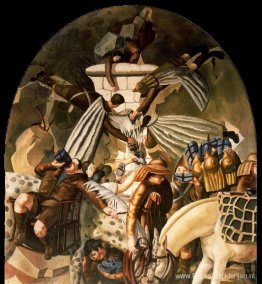 Konvooi van gewonde mannen die waterflessen vullen bij een beekj Konvooi van gewonde mannen die waterflessen vullen bij een beekj