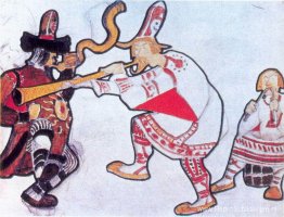 De scène met drie figuren in kostuums De scène met drie figuren in kostuums