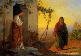 Maria, de zus van Lazarus, ontmoet Jezus die naar hun huis gaat Maria, de zus van Lazarus, ontmoet Jezus die naar hun huis gaat