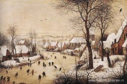 Winterlandschap met schaatsers en een vogelval Winterlandschap met schaatsers en een vogelval