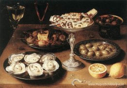 Stilleven met oesters en gebak Stilleven met oesters en gebak