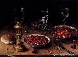 Stilleven met kersen en aardbeien in Chinese kommen Stilleven met kersen en aardbeien in Chinese kommen