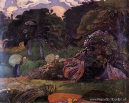 Bretagne landschap met vrouwen die een zak dragen Bretagne landschap met vrouwen die een zak dragen