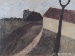 Schemeringlandschap met huis en vork Schemeringlandschap met huis en vork