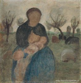 Moeder met baby aan haar borst, en kind in landschap Moeder met baby aan haar borst, en kind in landschap