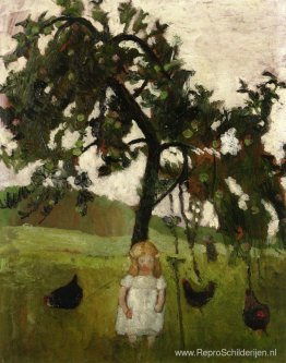 Elizabeth met kippen onder een appelboom Elizabeth met kippen onder een appelboom