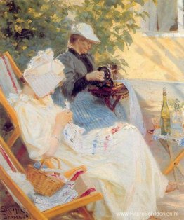 Marie en haar moeder in de tuin Marie en haar moeder in de tuin