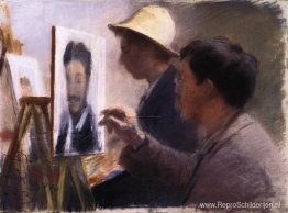 Oscar Björck en Eilif Peterssen schilderen portretten van Georg Oscar Björck en Eilif Peterssen schilderen portretten van Georg