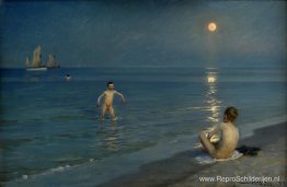 Jongens baden in Skagen, zomeravond Jongens baden in Skagen, zomeravond