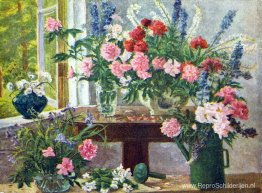 Stilleven. Pioenrozen en delphinium. Stilleven. Pioenrozen en delphinium.