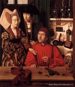 St. Eligius als goudsmid die een ring toont aan het verloofde st St. Eligius als goudsmid die een ring toont aan het verloofde st