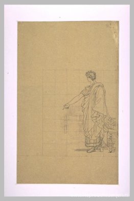 In antiek gedrapeerde man, staande naast een stoel In antiek gedrapeerde man, staande naast een stoel