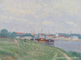 Trois Péniches Amarées aux Abords d'une Ville Industrielle Trois Péniches Amarées aux Abords d'une Ville Industrielle