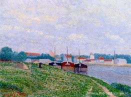 Trois Péniches amarrées aux abords d'une ville industrielle Trois Péniches amarrées aux abords d'une ville industrielle