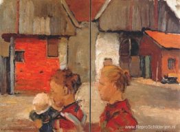Vrouw en kind voor een boerderij Vrouw en kind voor een boerderij