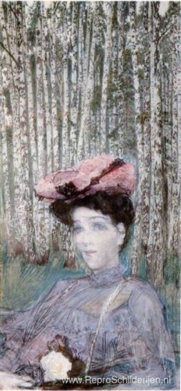 Portret van N. Zabela-Vrubel aan de rand van een berkenbos Portret van N. Zabela-Vrubel aan de rand van een berkenbos