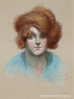 Portret van een vrouw in blauwe blouse Portret van een vrouw in blauwe blouse