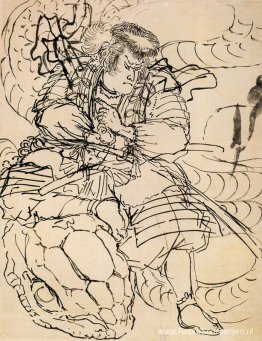 Een samurai die een gigantische slang overweldigt Een samurai die een gigantische slang overweldigt