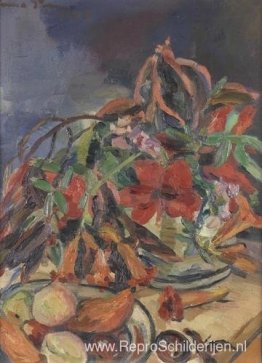 Stilleven met hibiscus, engelentrompetten en vruchten Stilleven met hibiscus, engelentrompetten en vruchten