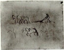 Schetsen van boeren die met paarden ploegen Schetsen van boeren die met paarden ploegen