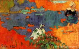 Bretonse vrouw en gans aan het water Bretonse vrouw en gans aan het water