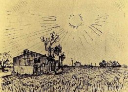 Veld met huizen onder een hemel met zonneschijf Veld met huizen onder een hemel met zonneschijf
