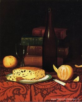 Stilleven met rozijnencake, fruit en wijn Stilleven met rozijnencake, fruit en wijn