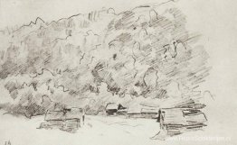 Vervallen hutten bij de beboste berg Vervallen hutten bij de beboste berg