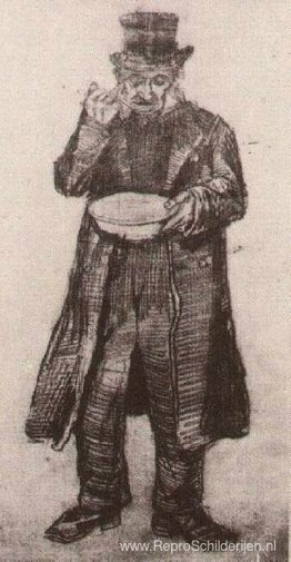 Weesman met hoge hoed, etend van een bord Weesman met hoge hoed, etend van een bord